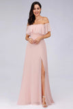 Charming Off Shoulder Ruffle Pink Chiffon Long Prom Dresses Bridesmaid Dresses STA15114