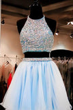 Shiny Two-Piece Halter Homecoming Dresses A Line Chiffon With Beading