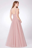 Simple A Line Pink V Neck Tulle Sleeveless Prom Dresses Long Bridesmaid Dresses STA15383