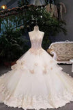 New Arrival Luxurious Scoop Neck Wedding Dresses Tulle Lace Up With Open Back Lace