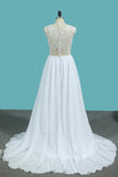 A Line Chiffon High Neck Wedding Dresses With Beads And Slit Sweep