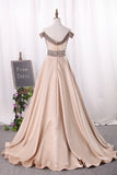 New Arrival Off The Shoulder Satin A Line Prom Dresses Beaded