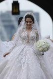 Luxurious Long Sleeves Scoop A Line Lace Wedding Dresses With Pearls Royal