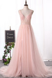 New Arrival Straps A Line Tulle Prom Dresses With Beading And