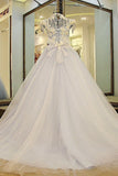 High Neck A Line Floor Length Wedding Dresses Lace Up With Pears Sequins Handmade