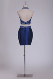 Two Pieces Halter Homecoming Dresses Sheath With Beads Short/Mini Dark Royal