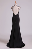 New High Neck Sheath Prom Dresses Spandex With Beading & Slit