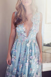 Hot Selling Deep V-neck Light Sky Blue Prom Dress with Flowers