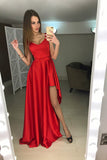 Red A Line Brush Train Scoop Neck Sleeveless Side Slit Prom Dresses