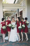 A Line Burgundy Lace Cap Sleeve Bridesmaid Dresses, Knee Length Short Wedding Party Dresses STA14995