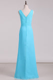 Bridesmaid Dresses V Neck Ruffled Bodice Chiffon Floor Length With Slit