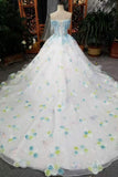 New Arrival Floral Boat Neck Wedding Dresses Lace Up With Appliques And Handmade