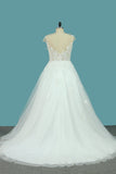 A Line Tulle Cap Sleeve Scoop Wedding Dresses With Applique Court