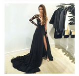 New Style Black Long Sleeves Lace Deep V Neck Thigh-High Slit Sexy Lace Evening Gowns