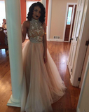 New Style Sexy Two Piece silver beaded bodice High Neck Tulle Skirts Champagne Prom Dress