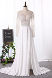 Bateau Wedding Dresses Long Sleeves A Line Chiffon With Applique And