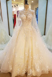 High Neck Wedding Dresses A Line With Beading Appliques Court Train Tulle Lace