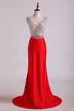 V Neck Beaded Bodice Open Back Prom Dresses Column Spandex Sweep