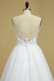 A Line Bateau Open Back Beaded Bodice Tulle Court Train Wedding Dresses