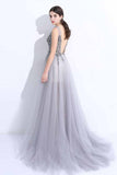 2024 New A-Line V-Neck Grey Tulle Beaded Long Sleeveless Backless Prom Dresses with Split