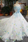 New Arrival Floral Boat Neck Wedding Dresses Lace Up With Appliques And Handmade