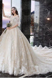 Ball Gown Wedding Dresses V Neck Half Sleeves Appliques Lace Up