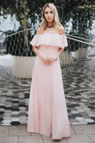 Charming Off Shoulder Ruffle Pink Chiffon Long Prom Dresses Bridesmaid Dresses STA15114