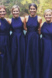 Royal Blue A-Line Satin Scoop Simple Cheap Long Bridesmaid