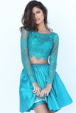 Two Pieces Homecoming Dresses Satin & Lace Long Sleeve