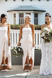 A Line Chiffon Spaghetti Straps Blush Pink Bridesmaid Dresses with Split, Long Prom Dress STA15486