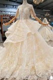 Luxury Wedding Dresses High Neck A-Line Lace Half Sleeves Open Back Cathedral