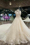 Marvelous High Neck Wedding Dresses A Line With Crystals Royal Train Tulle High