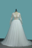 Long Sleeves A Line Scoop Tulle Wedding Dresses With Applique Chapel