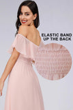 Charming Off Shoulder Ruffle Pink Chiffon Long Prom Dresses Bridesmaid Dresses STA15114