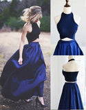 Newest Halter A-Line Two Piece Simple Navy Blue Satin Backless Sleeveless Evening Dresses