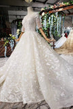 Ball Gown Wedding Dresses Scoop Half Sleeves Appliques 2 Meter