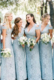 Mermaid Lace Baby Blue V Neck Bridesmaid Dresses for Wedding STA15653