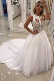 A Line Scoop Wedding Dresses Tulle With Applique And Beads Court