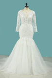 Elegant Mermaid Wedding Dresses Scoop Tulle With Appliques Long Sleeves Zipper