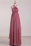 Halter Ruched Bodice Bridesmaid Dresses A Line Chiffon Floor Length