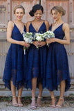 Dark Navy Spaghetti Straps Short Lace Bridesmaid