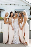 A Line Chiffon Spaghetti Straps Blush Pink Bridesmaid Dresses with Split, Long Prom Dress STA15486