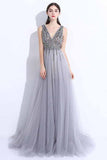 2024 New A-Line V-Neck Grey Tulle Beaded Long Sleeveless Backless Prom Dresses with Split