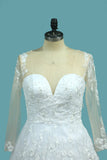 A Line Tulle Long Sleeves Scoop Wedding Dresses With Applique Open