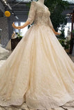 Lace Wedding Dresses Scoop 3/4 Sleeves Lace Up Back Royal