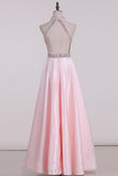 New Arrival High Neck Open Back A Line Satin With Beading Prom