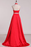 New Arrival A Line Halter Satin Sweep Train Evening Dresses