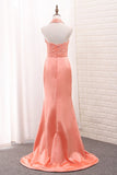 Satin Mermaid Halter Bridesmaid Dresses With Applique