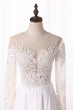 Bateau Wedding Dresses Long Sleeves A Line Chiffon With Applique And