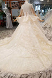 Luxury Wedding Dresses High Neck A-Line Lace Half Sleeves Open Back Cathedral